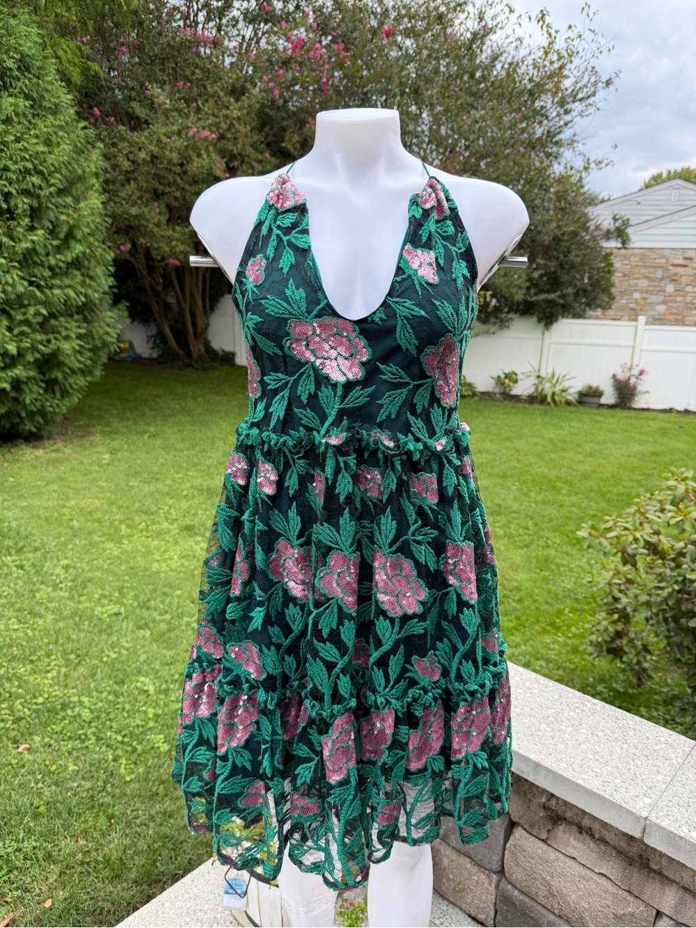 Badgley Mischka Green Floral Halter Mini Dress with Pink Accents